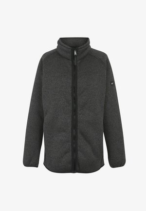 Dark gray fleece jacket with full front zipper, high collar, long sleeves, and small logo patch on left arm.