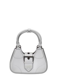 Silberne Leder-Handtasche mit strukturierter Form, ausgestattet mit einer Frontschnellverschluss, runden Griffen und dezenten Prägungen.