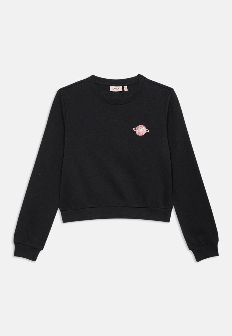 Sweatshirt preto cropped com mangas longas, apresentando uma gráfica de um planeta rosa com anéis no peito. Feito de tecido suave com um decote redondo.