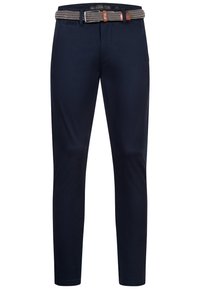 Pantaloni bleumarin din bumbac, cu curea țesută gri și maro, croială slim fit, textură netedă și tivuri întoarse.