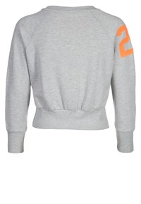 Felpa grigia con maniche raglan, design corto, polsini e vita a costine. Presenta il numero arancione "2" sulla manica sinistra. Tessuto morbido.
