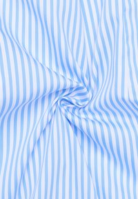 Light blue fabric with alternating thin and wide white stripes, featuring a smooth texture and a slight sheen, arranged in a spiral pattern.