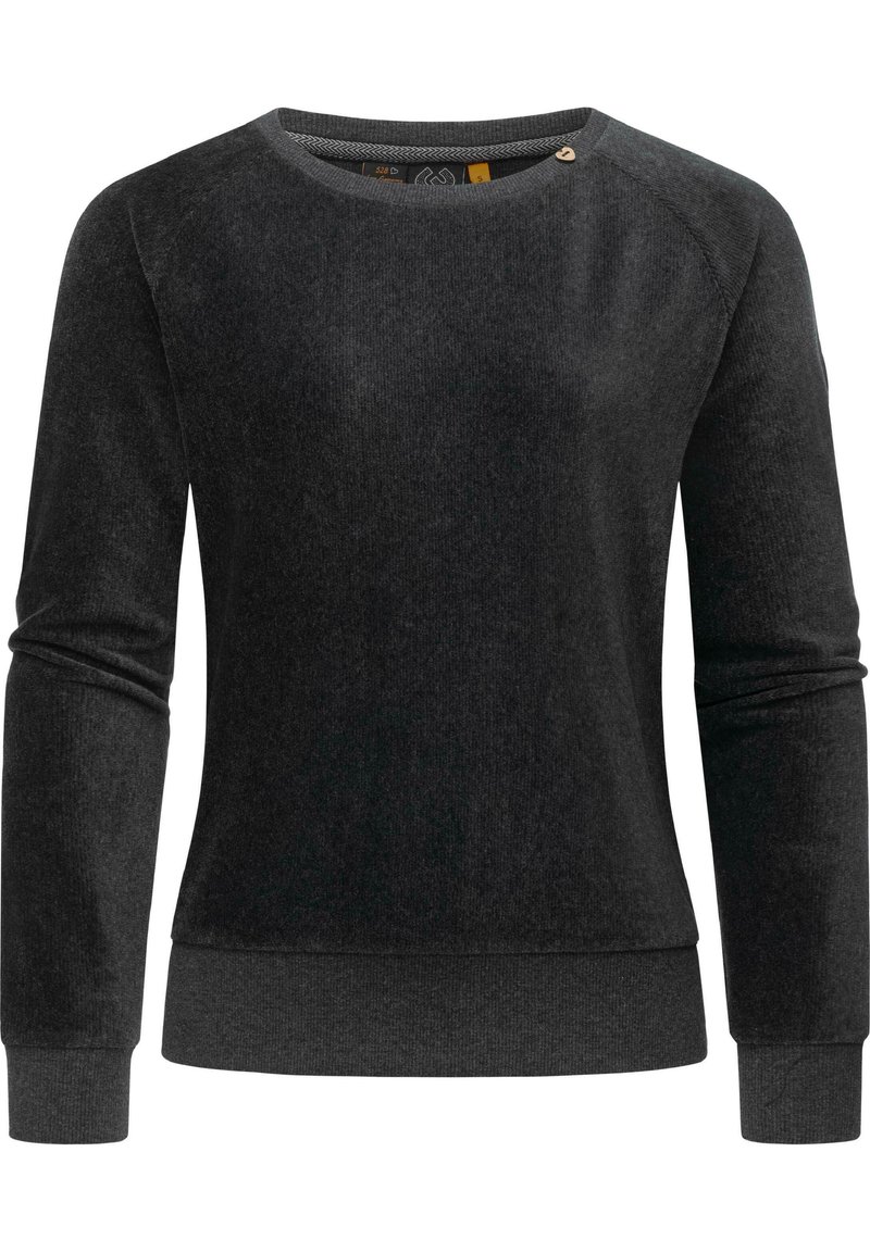 Felpa in grigio scuro in pile con maniche lunghe, scollo rotondo e polsini a costine. Presenta una leggera texture e un piccolo dettaglio metallico vicino al collo.