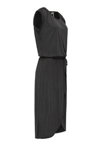 Schwarzes knielanges Kleid mit kurzen Ärmeln, aus glattem Stoff, mit einem gerafften Taillenbereich und einem seitlichen Bindeband für eine verstellbare Passform.
