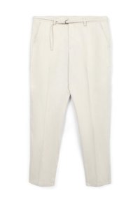 Beige Hose aus weichem Stoff, mit einer taillierten Passform, Gürtelschlaufen, zwei vorderen Taschen und schmal zulaufenden Beinen.