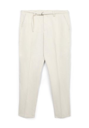 Pantaloni beige realizzati in tessuto morbido, con un design aderente, passanti per cintura, due tasche frontali e gambe affusolate.