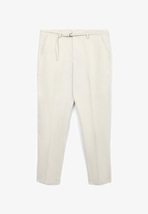 Beige Hose aus weichem Stoff, mit einer taillierten Passform, Gürtelschlaufen, zwei vorderen Taschen und schmal zulaufenden Beinen.