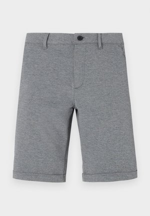 Graue, knielange Shorts aus strukturiertem Stoff mit Knopfverschluss, einer einzelnen Fronttasche und ordentlich umgeschlagenen Säumen.