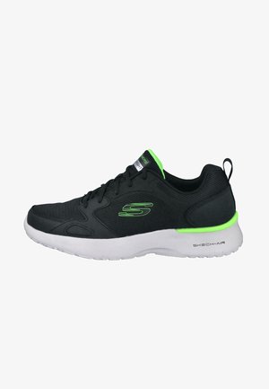Zapatilla deportiva negra con parte superior de malla, acentos en verde neón, cierre con cordones y suela blanca acolchada. Presenta la marca Skech-Air.