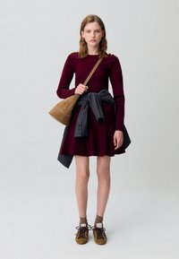Abito bordeaux a maniche lunghe con gonna svasata, dettagli dorati sulle spalle, camicia grigia a righe legata in vita, scarpe marroni e borsa a tracolla.