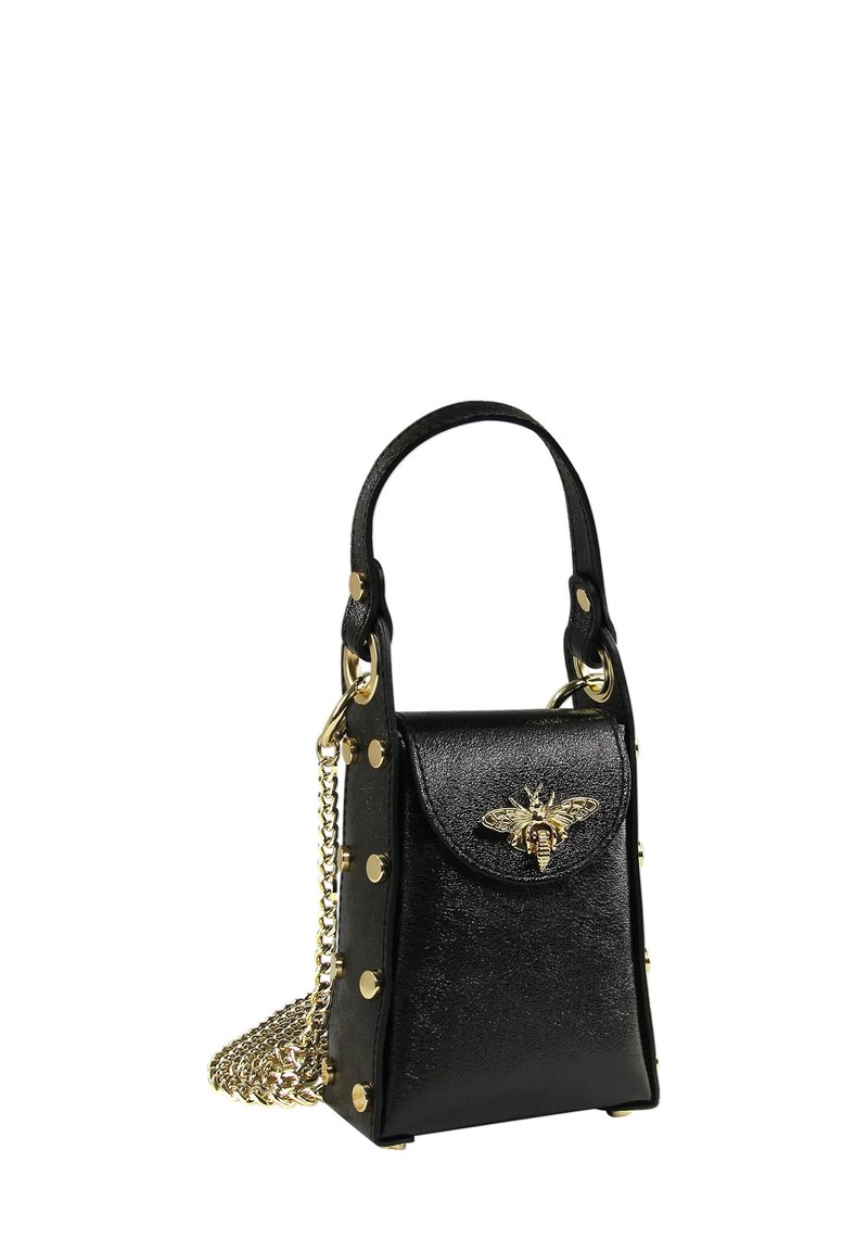 Black leather handbag with a structured design, embellished with gold hardware and a bee motif. Features a chain strap and decorative studs.