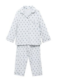 Ljusblå långärmad pyjamasset med liten mörkblå blommönster, knäppning framtill, bröstficka och matchande byxor.