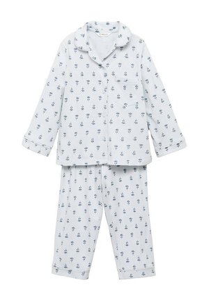 Ensemble de pyjama à manches longues bleu clair avec un petit motif floral bleu foncé, haut à boutons, poche poitrine et pantalons assortis.