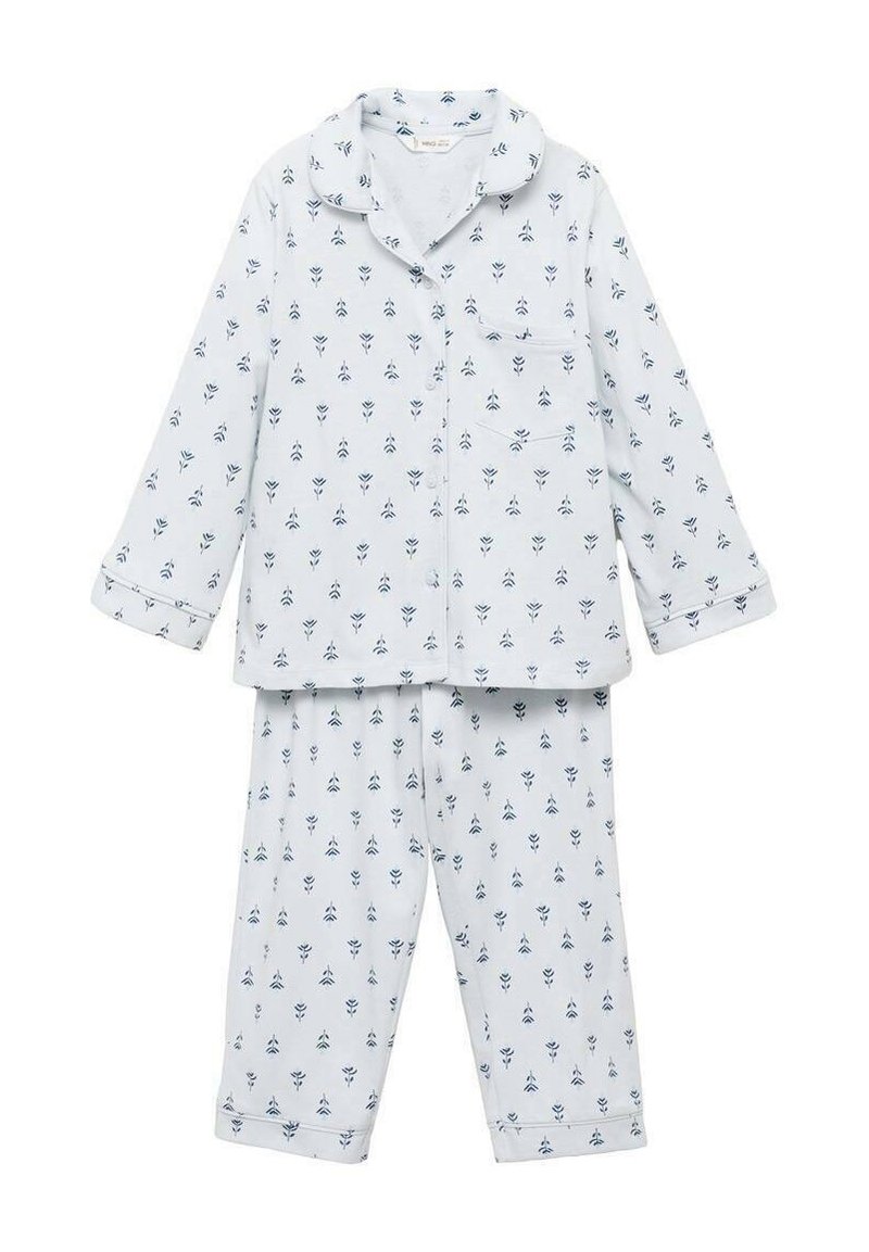 Ljusblå långärmad pyjamasset med liten mörkblå blommönster, knäppning framtill, bröstficka och matchande byxor.
