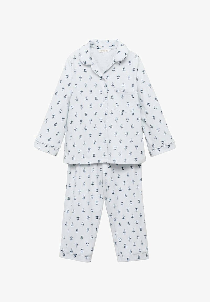 Svetlo modrý pyžamový set s dlhým rukávom, s malým tmavo modrým kvetinovým vzorom, s gombíkovým zapínaním vpredu, vreckom na hrudi a zodpovedajúcimi nohavicami.