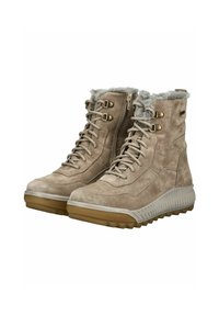 Botas de tobillo de ante beige con un suave cuello de pelo sintético gris, ojales de metal y suela de goma texturizada. Cuentan con una cremallera lateral para facilitar su uso.