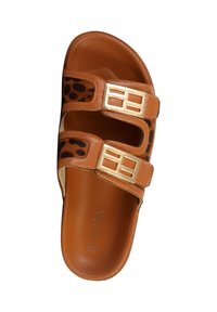 Sandale à glissière marron avec deux sangles réglables dotées de boucles dorées et d'accents imprimés léopard sur les côtés.