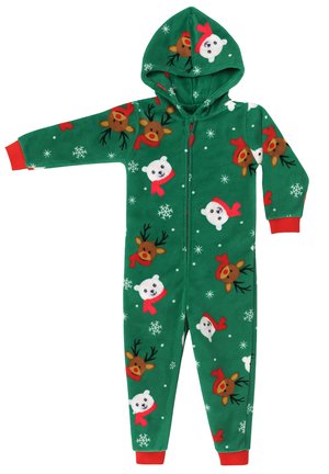 Green children's fleece onesie with hood, decorated with reindeer, polar bears wearing red scarves, and white snowflakes, with red cuffs.