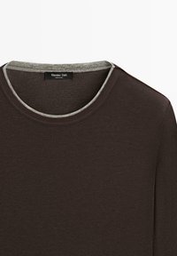Dark brown long-sleeve shirt with light gray inner neckline trim and "Massimo Dutti" label sewn inside the collar.