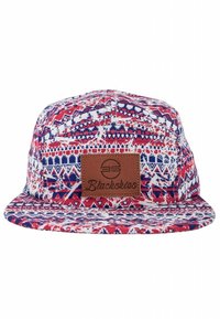 Multi-pattern snapback hat featuring red, blue, and white geometric designs; has a brown leather logo patch with embossed text.