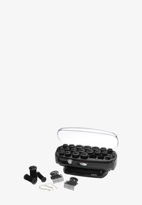 Set di bigodini elettrici neri con 20 bigodini, due clip per capelli, due fermagli metallici e un coperchio di plastica trasparente, marchiato BaByliss.