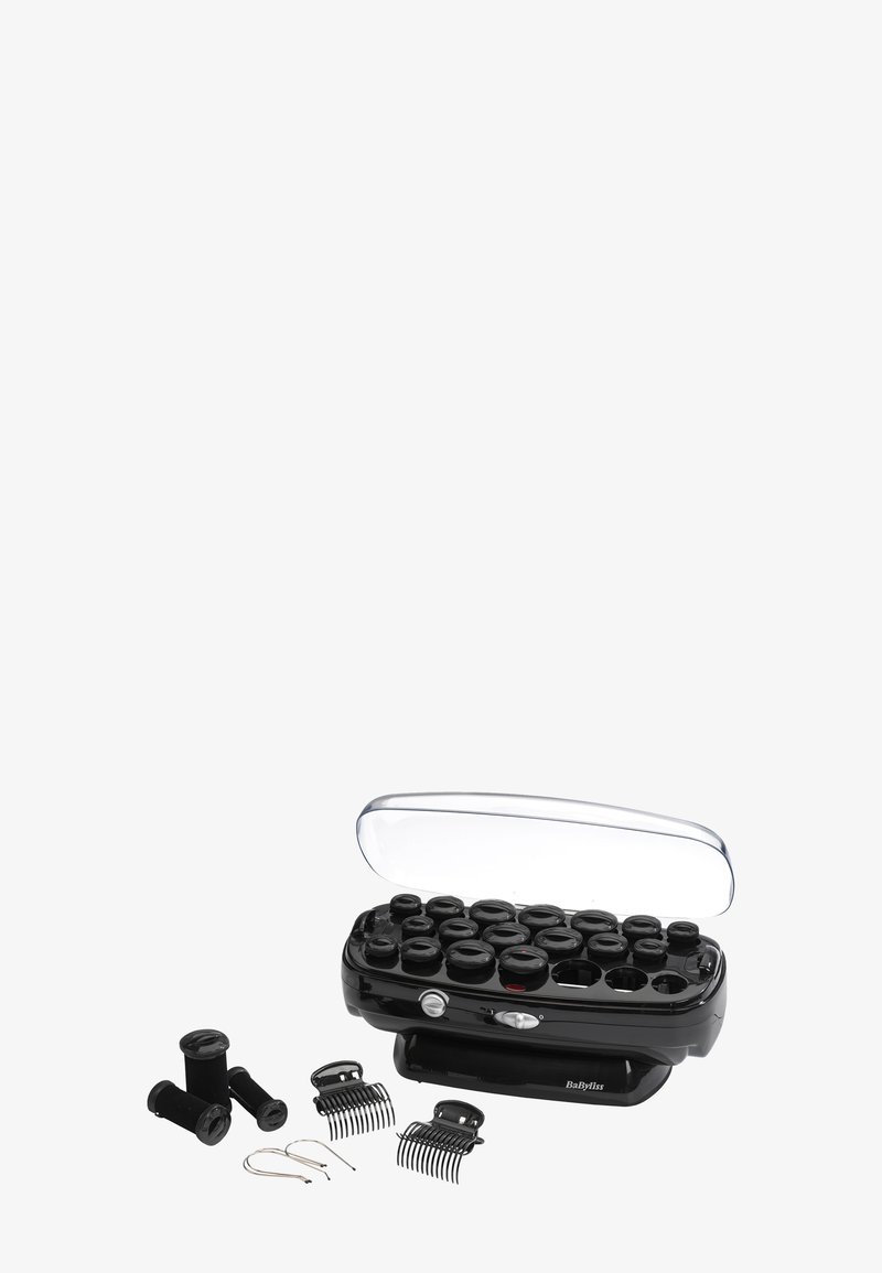Svart elektrisk hårrulle-sett med 20 ruller, to hårklips, to ledningsnåler og et gjennomsiktig plastlokk, merke BaByliss.