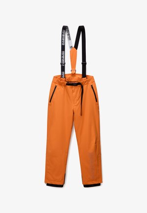 Pomarańczowe wodoodporne spodnie narciarskie z czarnymi regulowanymi szelkami, dwoma zasuwanymi bocznymi kieszeniami oraz kontrastowym wykończeniem dołu. Logo nadrukowane z boku.