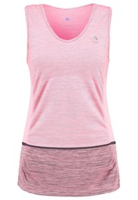 Débardeur de sport rose sans manches avec de fines rayures horizontales, encolure en V et panneau en dégradé de rose plus foncé en bas.