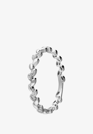 Silver ring featuring an alternating leaf design with small clear gemstones. The band is smooth and has a polished finish.