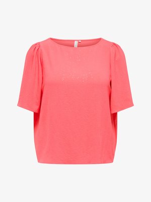 Korallenrosa Bluse mit kurzen Ärmeln, dezentem Schimmer, rundem Ausschnitt und leichter Raffung an den Schulternähten.