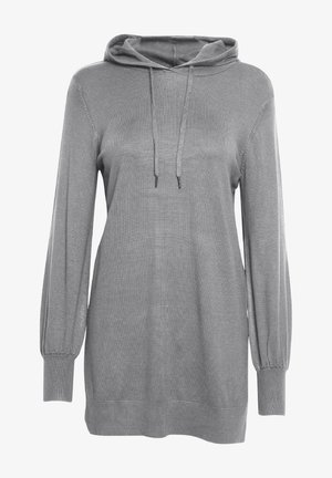 Tunică gri cu glugă, cu mâneci lungi, manșete și tiv zimțate, având un material tricotat texturat și șnururi ajustabile pe glugă.