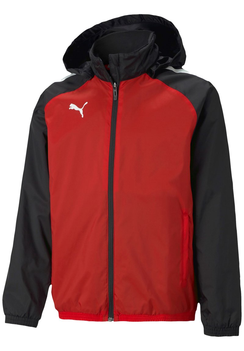 Rood en zwarte lichtgewicht jas met een capuchon, ritssluiting en elastische manchetten. Heeft een wit logo op de borst, gemaakt van gladde stof.