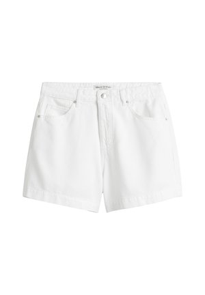 Witte denimshorts met een rechte snit, voorzakken en een knoopsluiting. Glad textuur met subtiele stikseldetails.
