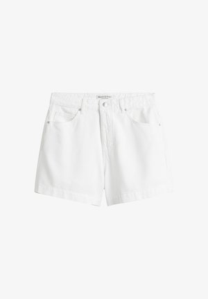 Witte denimshorts met een rechte snit, voorzakken en een knoopsluiting. Glad textuur met subtiele stikseldetails.