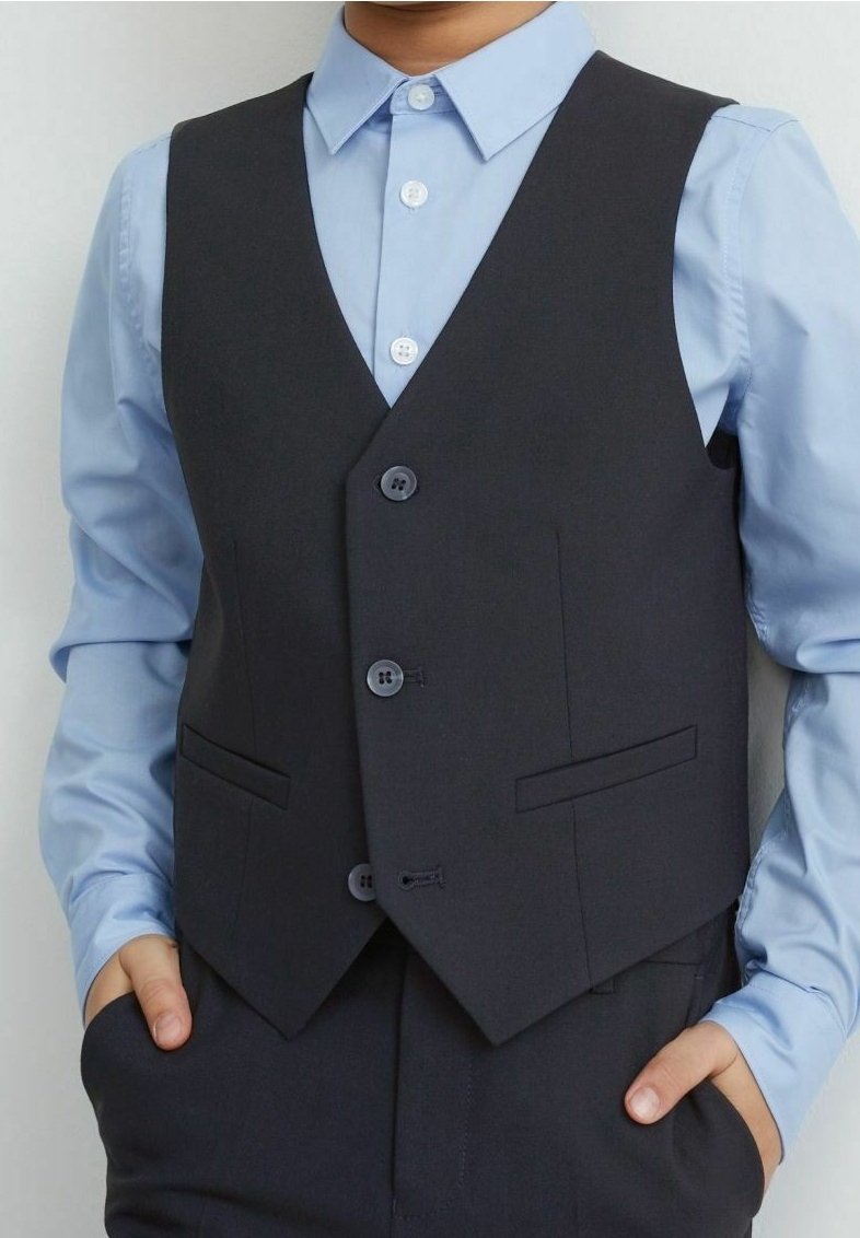 Dark navy vest over a light blue shirt, featuring a V-neck design, five buttons, and two front pockets with a smooth fabric texture.