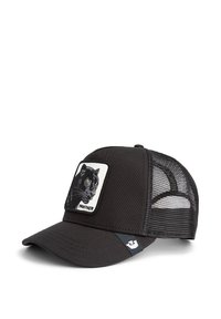 Sort trucker cap med mesh bag, der har et broderet mærke af et panthers hoved på forsiden. Justerbar strop for selvtilpasning.