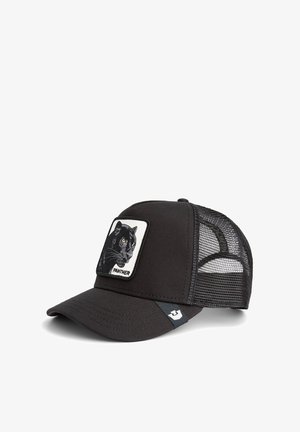 Sort trucker cap med mesh bag, der har et broderet mærke af et panthers hoved på forsiden. Justerbar strop for selvtilpasning.