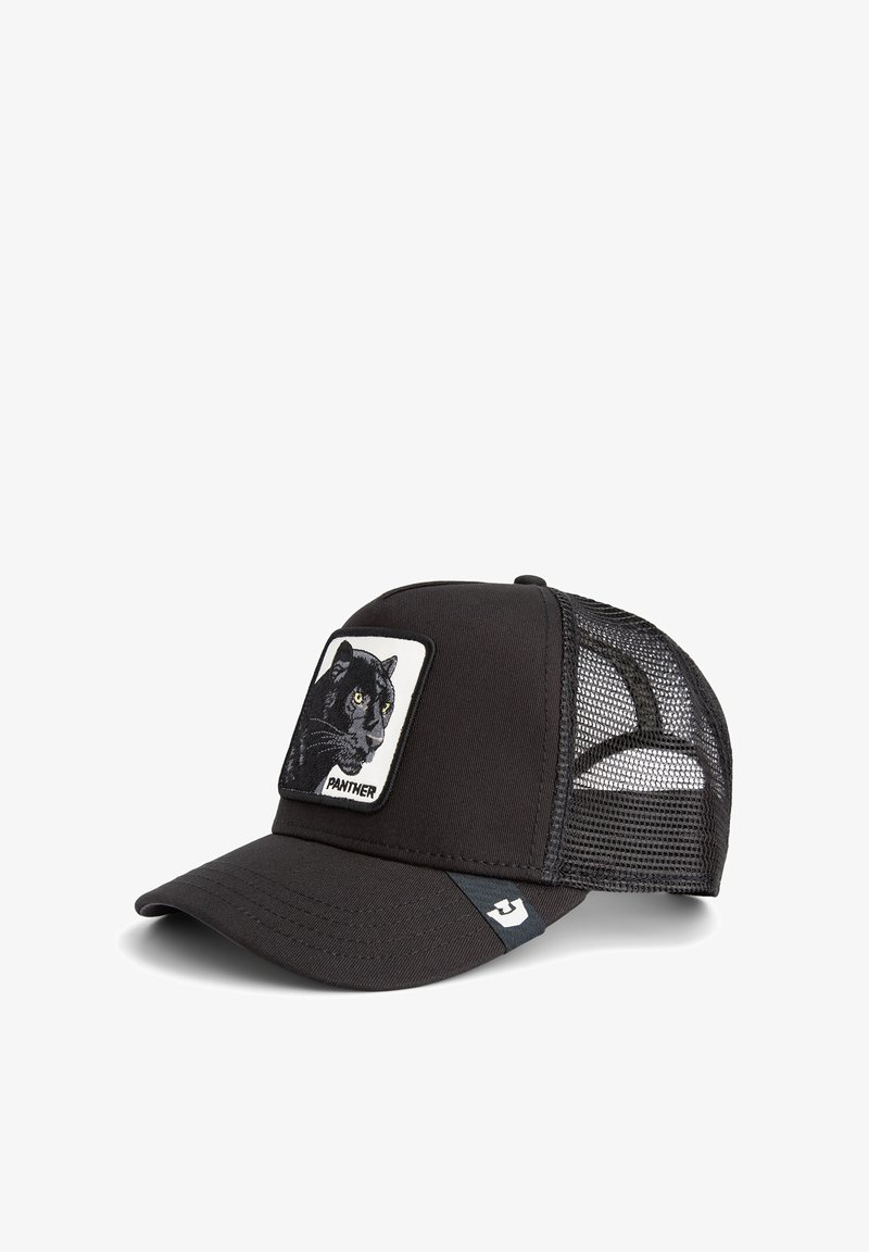 Schwarze Trucker-Cap mit Netzrücken, ausgestattet mit einem gestickten Patch eines Pantherskopfes auf der Vorderseite. Verstellbarer Riemen für eine perfekte Passform.