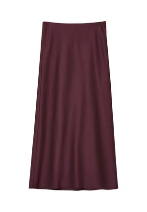 Gonna midi bordeaux in tessuto liscio ed elastico con design semplice. Presenta una vita aderente e arriva a lunghezza metà polpaccio.