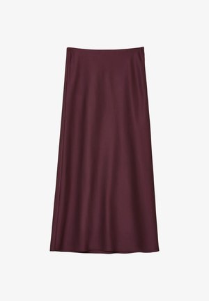 Gonna midi bordeaux in tessuto liscio ed elastico con design semplice. Presenta una vita aderente e arriva a lunghezza metà polpaccio.