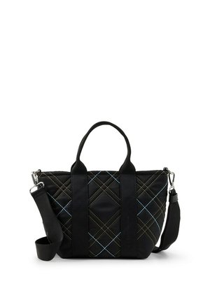 Sac à main matelassé noir avec coutures losanges bleues et beiges, deux poignées courtes et une bandoulière réglable avec attaches métalliques.