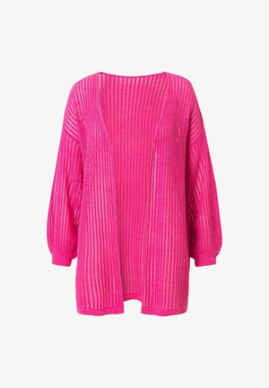 Cardigan rosa lavorato a maglia con vestibilità ampia, apertura frontale, maniche lunghe e un motivo a righe testurizzato. Materiale leggero e traspirante.