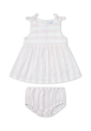 Vestido de bebé sin mangas y cubrepañales a juego con rayas verticales en rosa pálido y blanco, lazos en los hombros y falda fruncida.