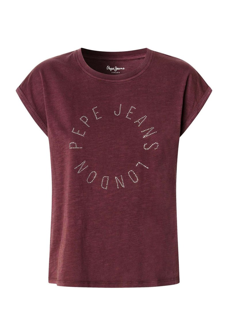 Bordeaux T-shirt met korte mouwen heeft een rond logo ontwerp met "PEPE JEANS LONDON" in zilveren studs. Zacht, lichtgewicht stof.