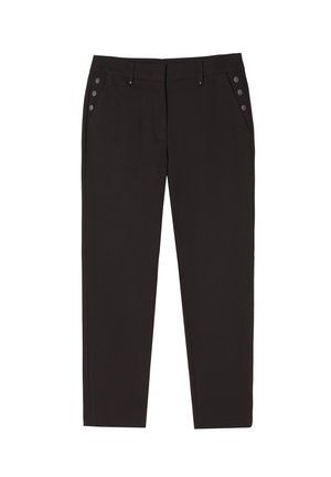 Black trousers featuring a fitted design, front pockets, and decorative buttons on the sides. Made from smooth, durable fabric.
