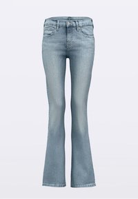 Hele sinised teksapüksid, mis on alt laienevad ja pleekinud tekstuuriga, viie tasku ja tavalise vöökohaga. Varustatud luku ja nööpidega.