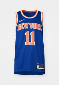 Blå basketballtrøje med orange detaljer, med "NEW YORK" i fede bogstaver, nummer "11," og Nike-logo. Lavet af åndbart mesh-materiale.