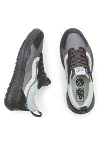 Laced sneakers with a mesh upper in gray and black, suede accents, white logo tag, and textured black rubber sole. Lightweight design.