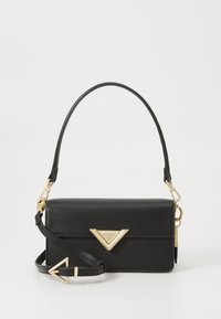 Black leather handbag with a textured finish, featuring a gold triangular accent, a short handle, and a detachable shoulder strap.