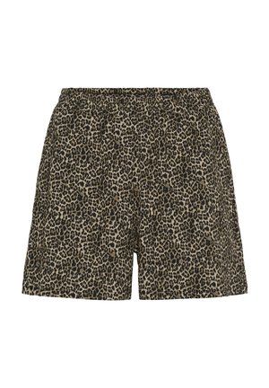 Luipaardprint shorts in beige en zwart. Voorzien van een elastische tailleband en lichte stof. Recht gesneden ontwerp met subtiele textuur.
